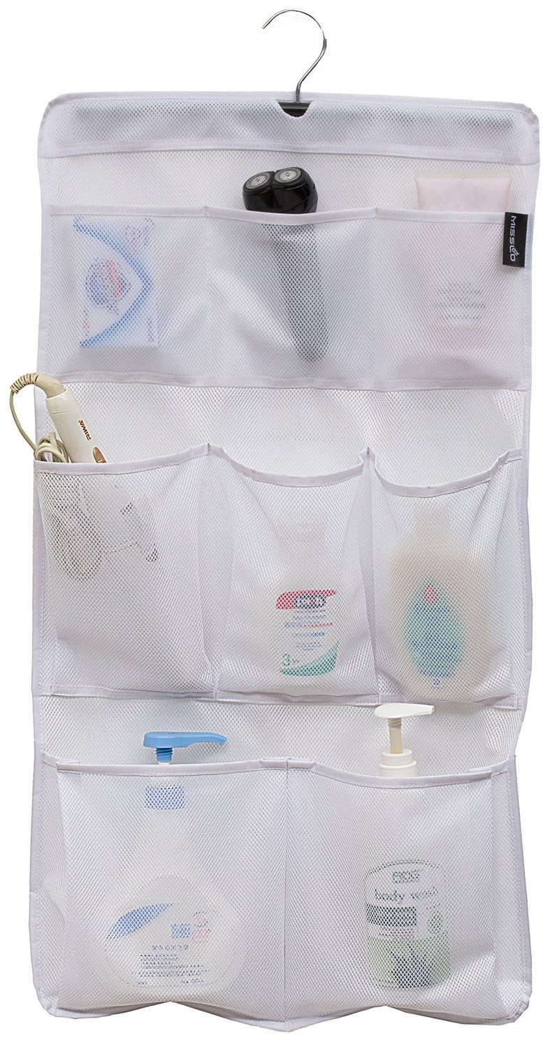 MISSLO 8 Pockets Mesh Shower Organizer Hanging Caddy with Rotating Hanger Quick Dry Bathroom Storage (White) - Image 1